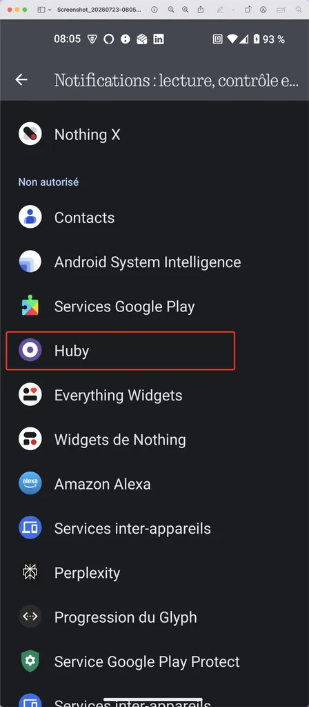Liste des applications avec accès notifications