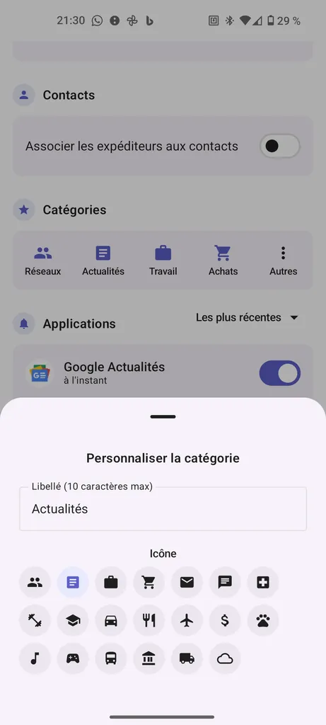 Personalización de una categoría (nombre + icono)