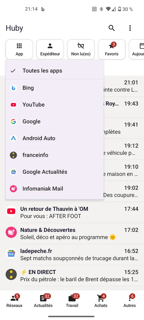 Barra de filtros con menú App abierto
